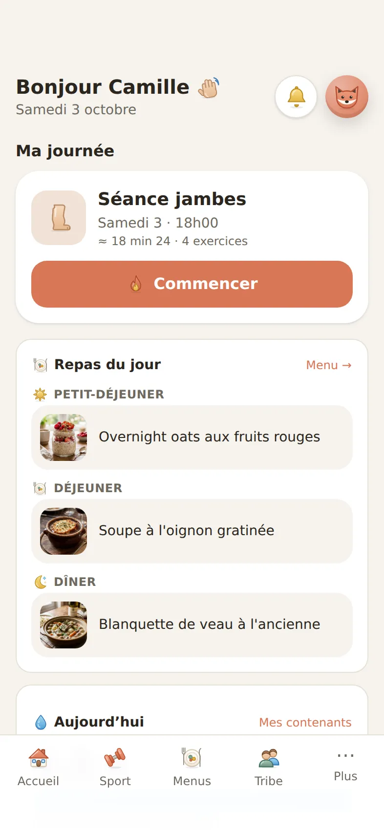 Accueil de Novio : la séance du jour, les repas et l'hydratation