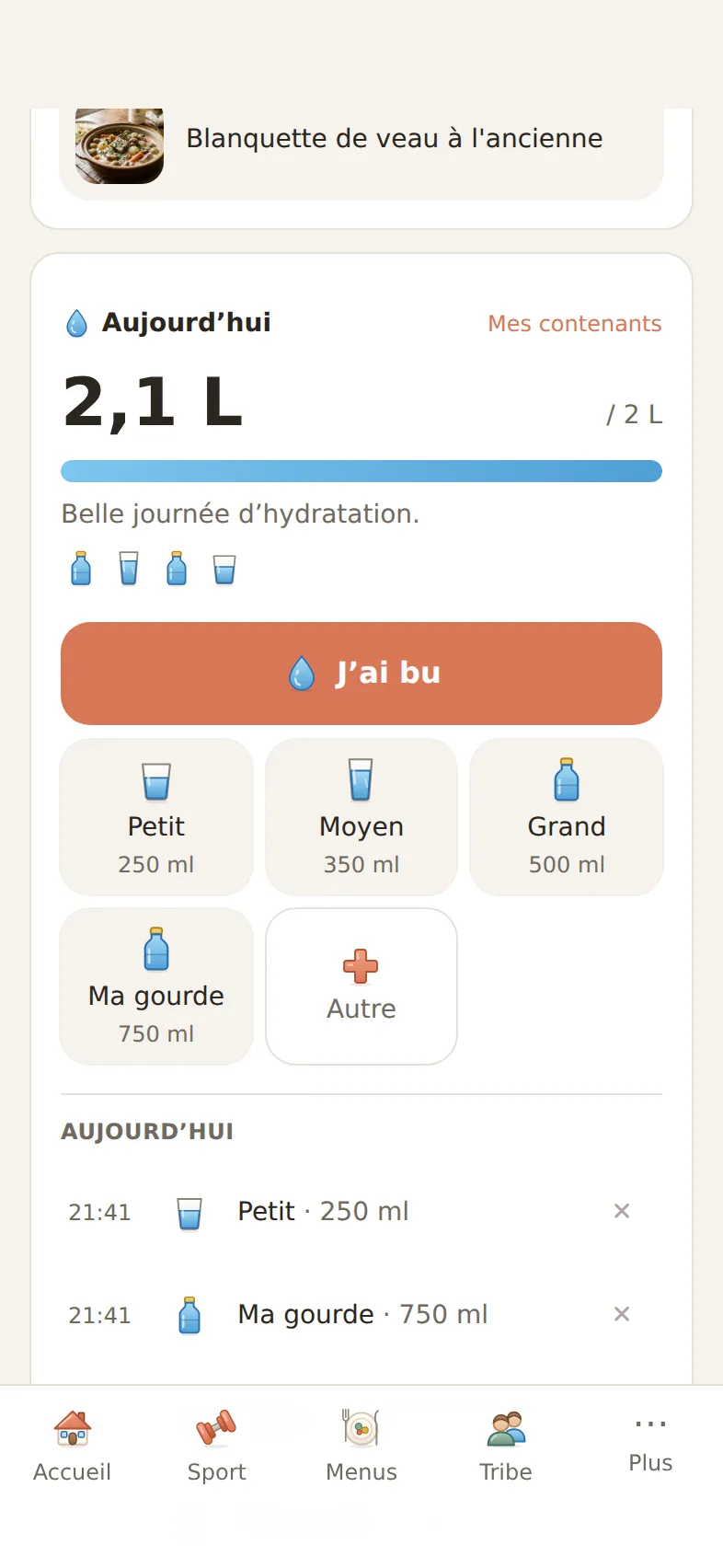 Hydratation : petit, moyen, grand et une gourde personnelle