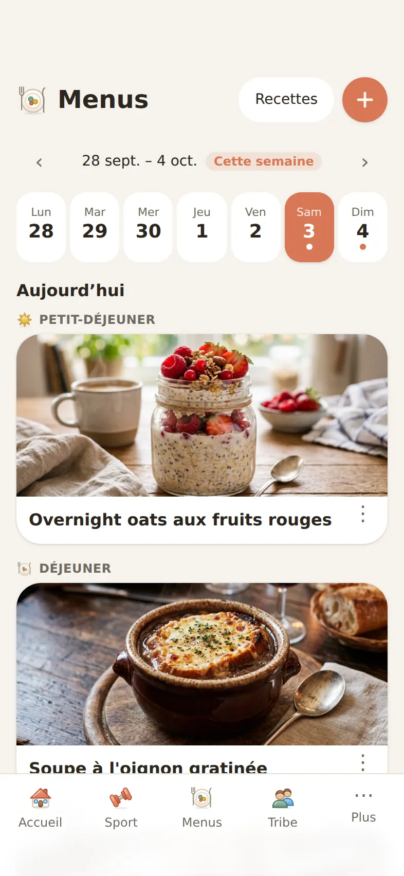 Menus de la semaine : les repas du jour en cartes avec leur photo