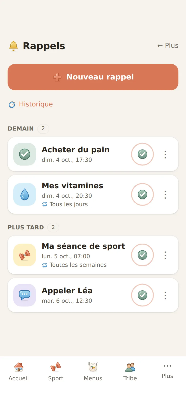Rappels : une liste rangée par jour avec un bouton Fait