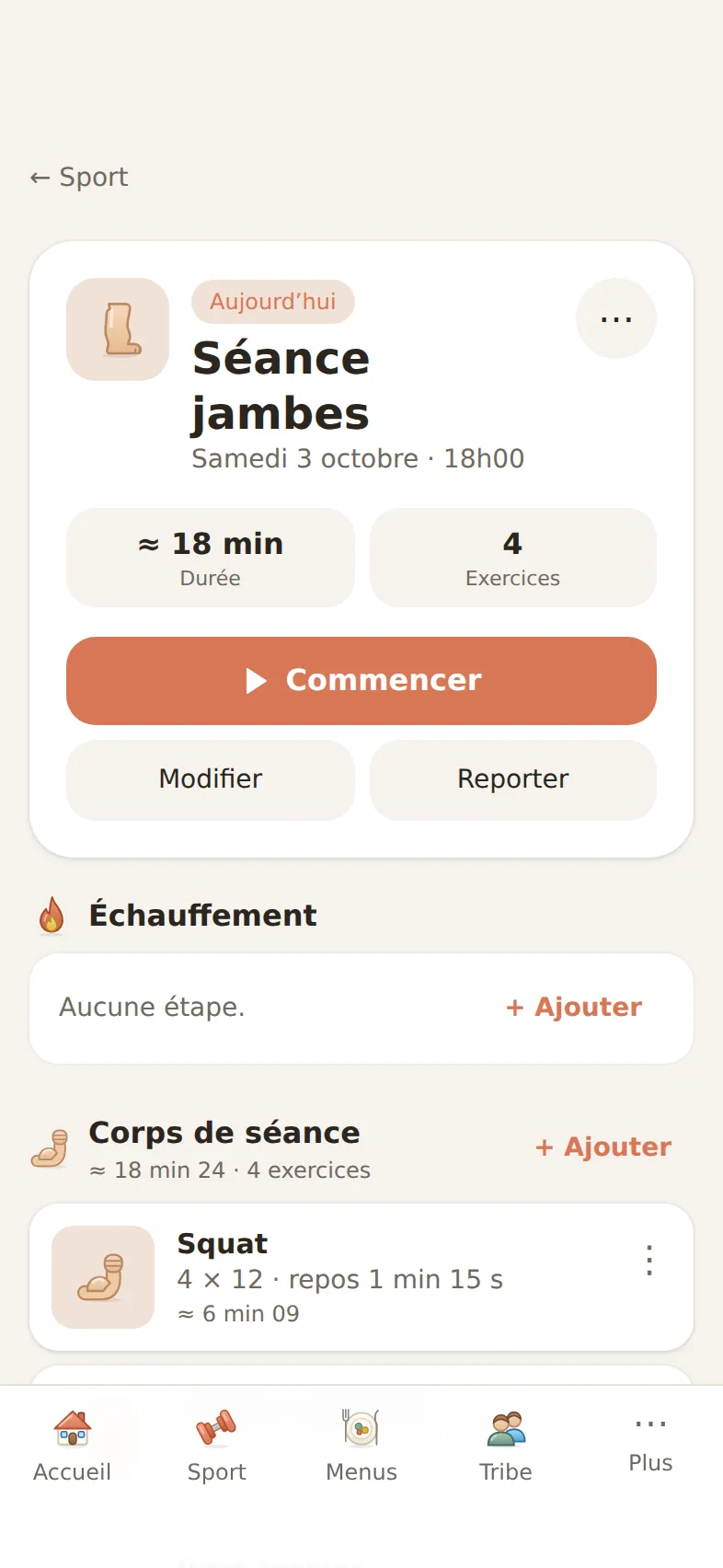 Détail de la séance du jour : échauffement, exercices et retour au calme